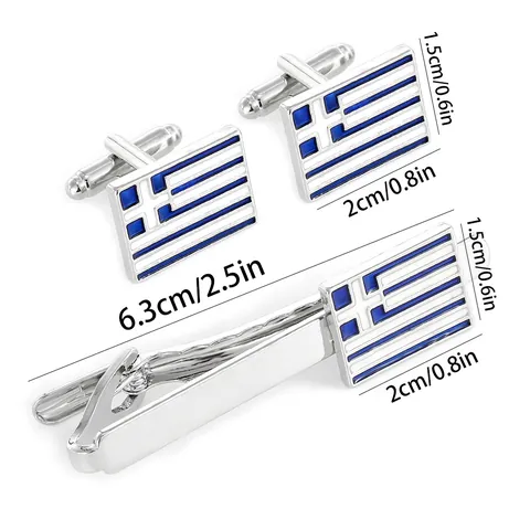 Set di Gemelli E Fermacravatta Business con Bandiera Greca per Uomo Argento Blu Bianco Smalto Accessori per Camicia Francese