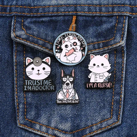 Cartoon Medical Pets Enamel Brooch Pin Set Creative Cat Doctor Nurse Dogtor Alloy Badge For Clothes Backpack Accessories