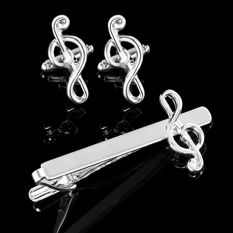 Juego de Gemelos y Pasador de Corbata de Nota Musical Clave de Sol para Hombre Cobre Plateado Accesorios de Camisa Formal de Negocios Boda Regalo