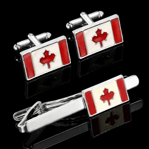 Men Business Alloy Canada Flag Cufflinks And Tie Clip Silver Tone Red White Maple Leaf Pattern Formal Shirt Accessories