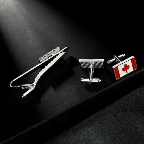 Men Business Alloy Canada Flag Cufflinks And Tie Clip Silver Tone Red White Maple Leaf Pattern Formal Shirt Accessories