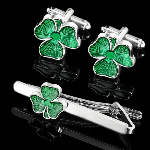 Heren Zakelijke Zilveren Legering Groene Klaver Manchetknopen En Stropdasclip St. Patrick's Day Cadeau Mode Overhemd Accessoires