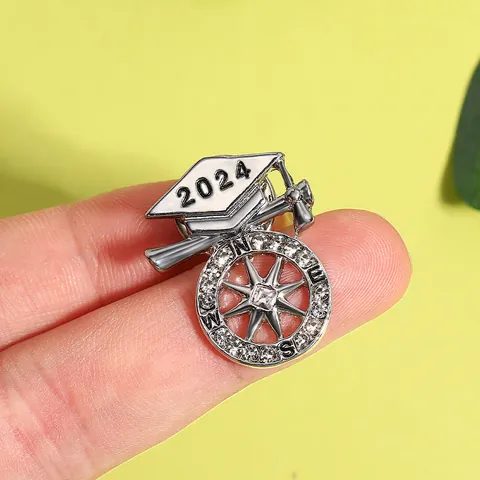 2024 Graduation Doctoral Hat Compass Brooch Necklace Alloy Rhinestone Commemorative Jewelry Student Gift For Men Women