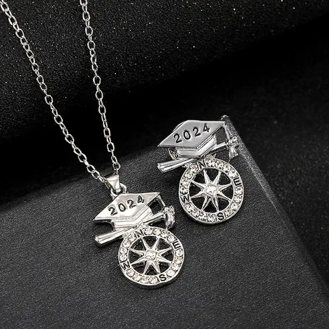 2024 Graduation Doctoral Hat Compass Brooch Necklace Alloy Rhinestone Commemorative Jewelry Student Gift For Men Women