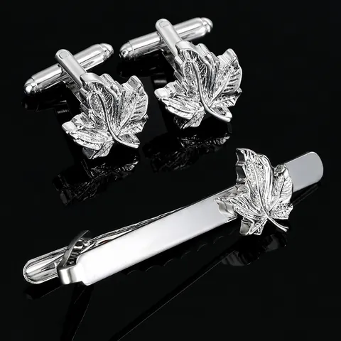 Herren Business Manschettenknöpfe Und Krawattenklammer Legierung Ahornblatt Muster Silber Gold Plattiert Hemd Schmuck Zubehör
