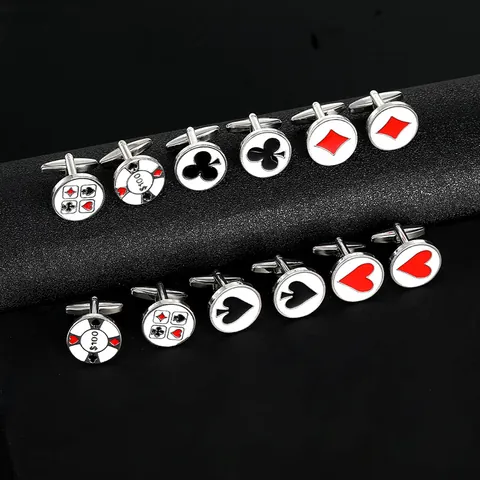 Men's Playing Card Suit Cufflinks Business French Shirt Accessories Spade Heart Club Diamond Casino Chip Enamel Alloy Cufflinks Silver Tone