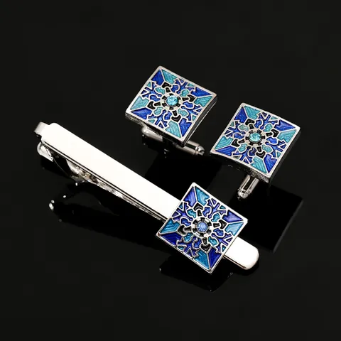 Men Business Alloy Enamel Geometric Pattern Blue Rhinestone Cufflinks And Tie Clip For French Shirt Wedding Banquet Accessory