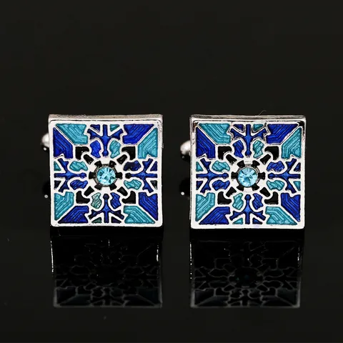 Men Business Alloy Enamel Geometric Pattern Blue Rhinestone Cufflinks And Tie Clip For French Shirt Wedding Banquet Accessory