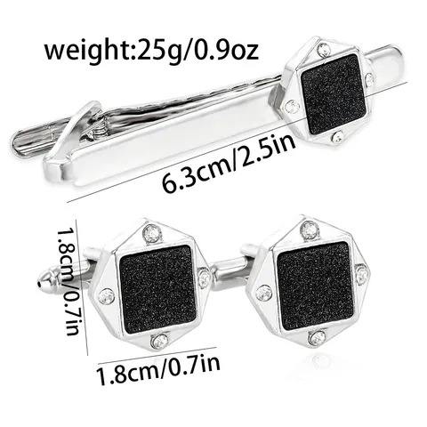 Ensemble Boutons de Manchette et Pince à Cravate Hexagone Géométrique en Alliage Avec Strass Argent Électroplaqué Accessoire Bijoux Chemise