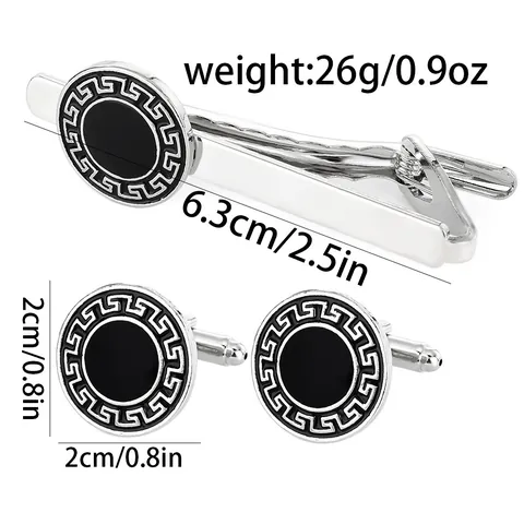 Vintage Greek Key Round Cufflinks And Tie Clip Silver Plated Alloy Black Enamel Business Shirt Accessories For Men Gift Father