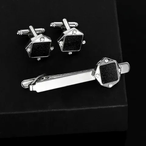 Ensemble Boutons de Manchette et Pince à Cravate Hexagone Géométrique en Alliage Avec Strass Argent Électroplaqué Accessoire Bijoux Chemise