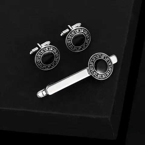 Vintage Greek Key Round Cufflinks And Tie Clip Silver Plated Alloy Black Enamel Business Shirt Accessories For Men Gift Father