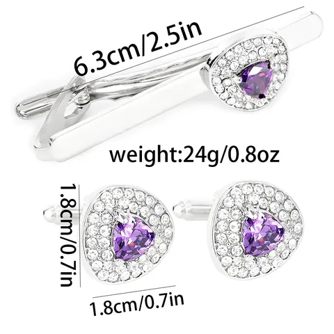 Men's Business Tie Clip Cufflink Jewelry Silver Alloy Purple Heart Zirconia Formal Wedding Suit Professional Accessory
