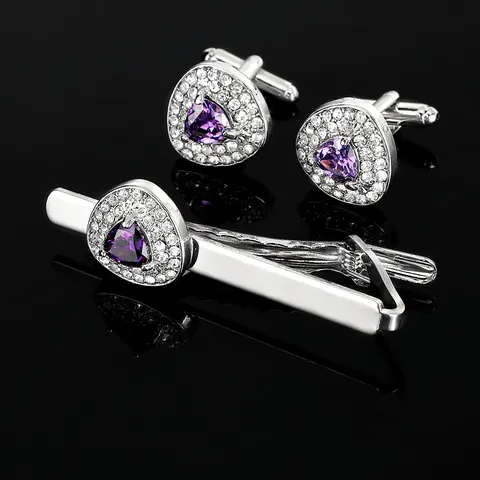 Men's Business Tie Clip Cufflink Jewelry Silver Alloy Purple Heart Zirconia Formal Wedding Suit Professional Accessory
