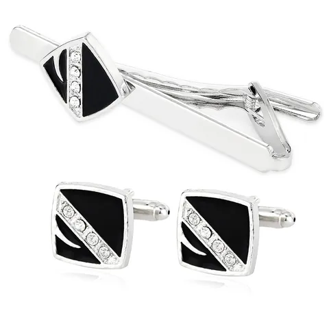 Men Business Alloy Cufflinks Tie Clip Set Silver Striped Rhinestone Geometric Shield Shirt Cuff Links Men Formal Jewelry