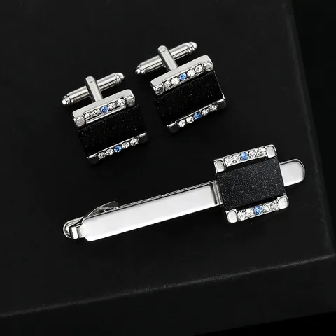 Men Business Cufflinks And Tie Clip Copper Silver Black Frosted Rhinestone Inlaid Formal Wedding Jewelry Necktie Accessories