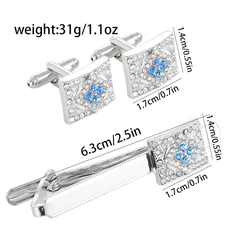 Zilverkleurige Koperen Daspeld En Manchetknopen Met Blauwe Strass Inleg Formeel Zakelijk Pak Accessoire Voor Heren Sieraden Cadeau
