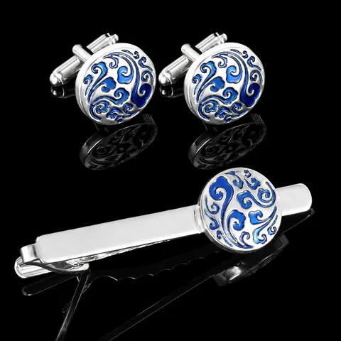 Vintage Herren Business Accessoires Blaues Wolkenmuster Manschettenknöpfe Und Krawattenklammer Kupfer Emaille Für Hemden