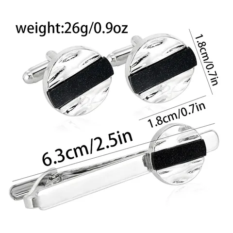 Set Accessori Business Uomo Gemelli Rotondi In Lega Argento E Fermacravatta Con Intarsio Nero Opaco Gioielli Da Camicia