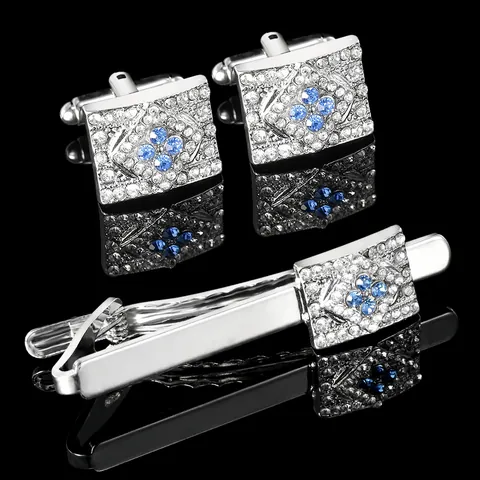 Zilverkleurige Koperen Daspeld En Manchetknopen Met Blauwe Strass Inleg Formeel Zakelijk Pak Accessoire Voor Heren Sieraden Cadeau