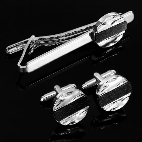 Set Accessori Business Uomo Gemelli Rotondi In Lega Argento E Fermacravatta Con Intarsio Nero Opaco Gioielli Da Camicia