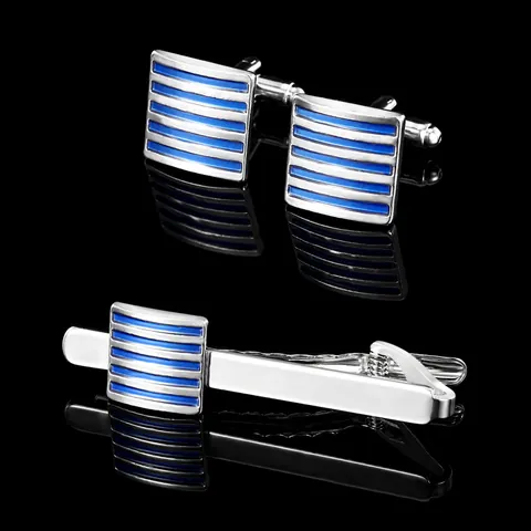 Business Alloy Cufflinks and Tie Clip Set Silver Blue Striped French Cufflinks for Men Wedding Banquet Jewelry Accessories