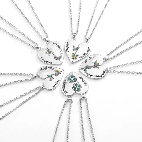 Creative Heart Puzzle Pendant Necklace Mother Daughter Grandma Granddaughter Alloy Rhinestone Butterfly Clover Pattern Jewelry Gift