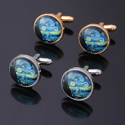 Gemelli Vintage Notte Stellata di Van Gogh per Uomo Pittura a Olio Artistica Tondo Lega Vetro Accessorio per Camicia Formale Francese