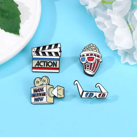 Film Thema Legering Emaille Broche Pin Popcorn Projector 3D Bril Filmklapper Filmelement Badge Voor Kleding Tas