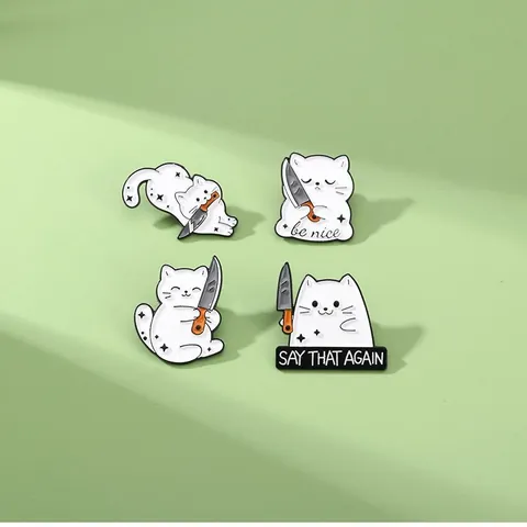 Humorous Cartoon Cat Enamel Brooch Pin White Cat Holding Knife Dagger Alloy Lapel Pin For Backpack Clothing Decor Unisex