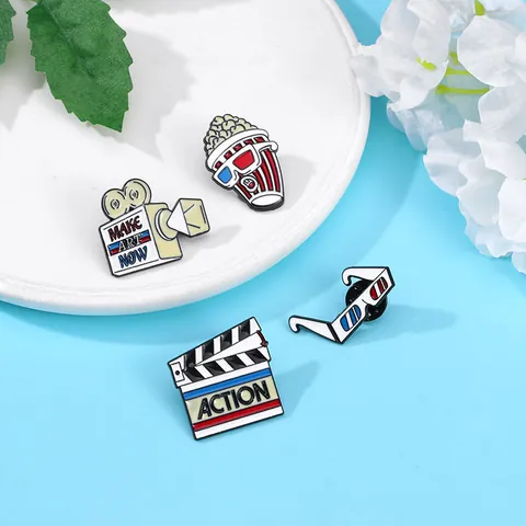 Film Thema Legering Emaille Broche Pin Popcorn Projector 3D Bril Filmklapper Filmelement Badge Voor Kleding Tas