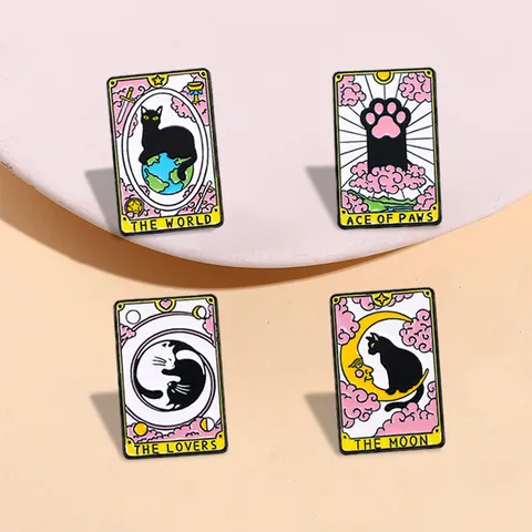 Original Artistic Cat Tarot Enamel Pins Alloy Cartoon Animal Brooches World Moon Lovers Ace Of Paws Clothing Decoration