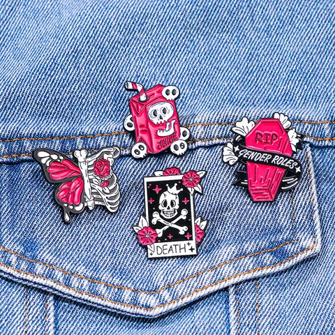 Gothic Punk Pink Skull Enamel Pin Badge Alloy Coffin Tarot Card Butterfly Bone Brooch For Backpack Clothing Fashion Decor