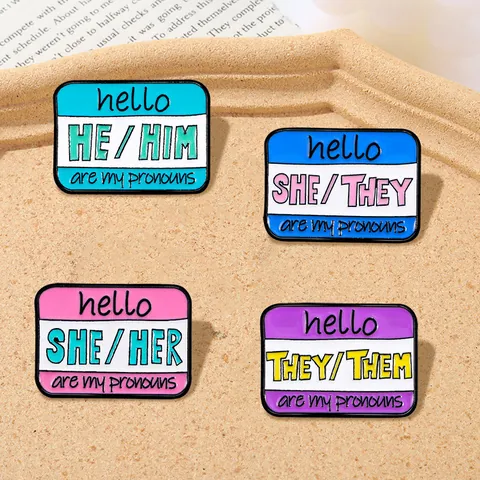 Cartoon Pronoun Enamel Brooch Pin Zinc Alloy Name Tag Style Jewelry For Clothes Bag Backpack Decoration Unisex