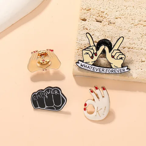 Fashion Enamel Hand Gesture Brooches Whatever Forever Empower OK Heart Shape Alloy Lapel Pins For Clothing Backpack Jewelry Gift