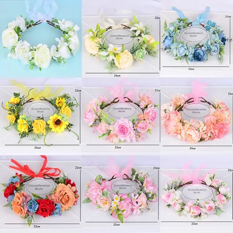 Artificial Flower Wreath Headband Silk Rose Sunflower Daisy Boho Forest Style Adjustable Ribbon Hair Crown For Women Girls Wedding Party Vacation Photography
