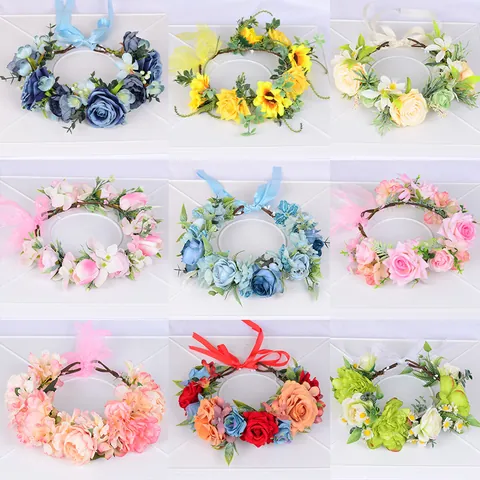 Artificial Flower Wreath Headband Silk Rose Sunflower Daisy Boho Forest Style Adjustable Ribbon Hair Crown For Women Girls Wedding Party Vacation Photography