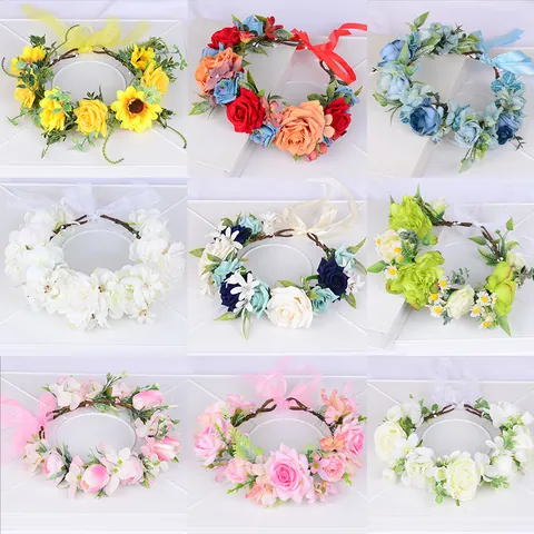 Artificial Flower Wreath Headband Silk Rose Sunflower Daisy Boho Forest Style Adjustable Ribbon Hair Crown For Women Girls Wedding Party Vacation Photography