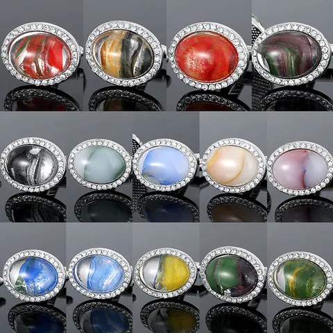 Men Vintage Oval Alloy Cufflinks With Rhinestone Border Colorful Glass Marble Pattern Business Wedding Shirt Accessories