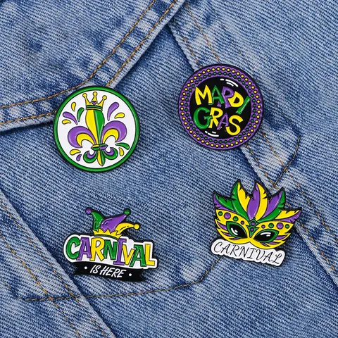 Mardi Gras Carnival Enamel Pin Set Alloy Mask Jester Hat Fleur De Lis Badge Purple Green Gold Brooch For Clothing Backpack Decoration