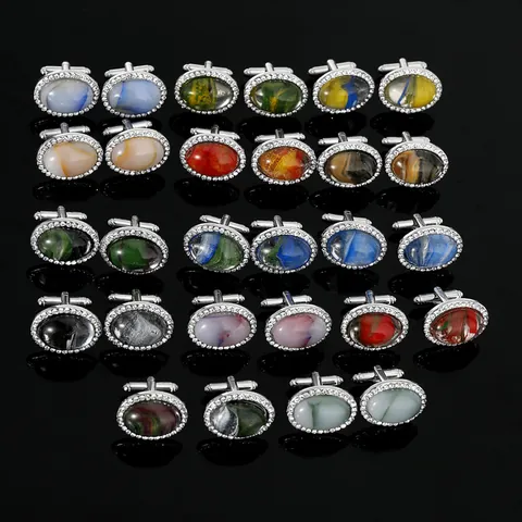 Men Vintage Oval Alloy Cufflinks With Rhinestone Border Colorful Glass Marble Pattern Business Wedding Shirt Accessories