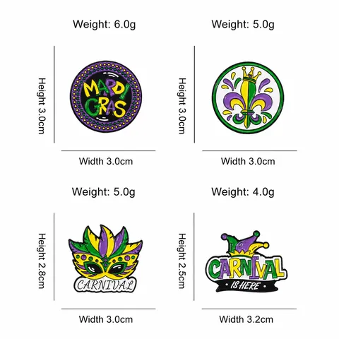 Mardi Gras Carnival Enamel Pin Set Alloy Mask Jester Hat Fleur De Lis Badge Purple Green Gold Brooch For Clothing Backpack Decoration