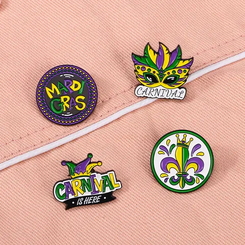 Mardi Gras Carnival Enamel Pin Set Alloy Mask Jester Hat Fleur De Lis Badge Purple Green Gold Brooch For Clothing Backpack Decoration