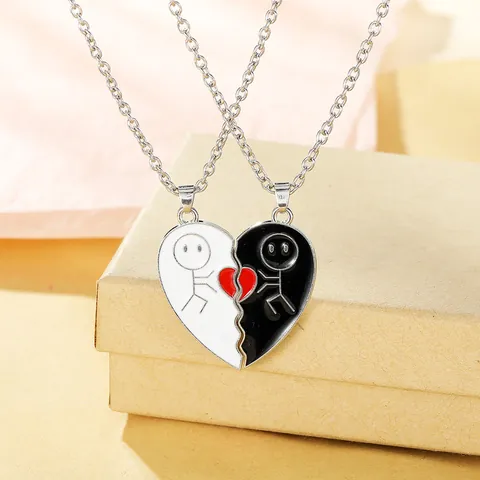 Alloy Heart Pendant Necklace Set for Couples Friends Enamel Matching Stick Figure Pendant Jewelry Present