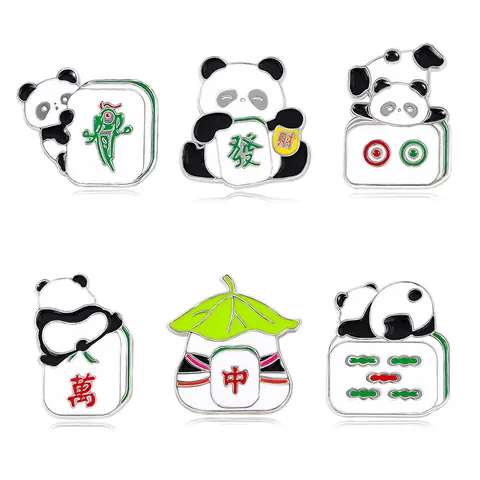 Cute Cartoon Panda Mahjong Enamel Brooch Pin Zinc Alloy Animal Fortune Wealth Mahjong Tile Badge For Bag Clothes Jewelry