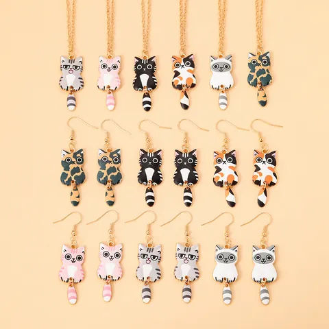 Cute Cartoon Cat Pendant Necklace Earring Set Alloy Enamel Drip Oil Moving Tail Animal Jewelry For Women Kids Gift