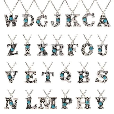 Bohemian Antique Silver Alloy Capital English Initial Alphabet Pendant Necklace For Women Men Vintage Carved Geometric Letter O Chain Necklace Jewelry Gift