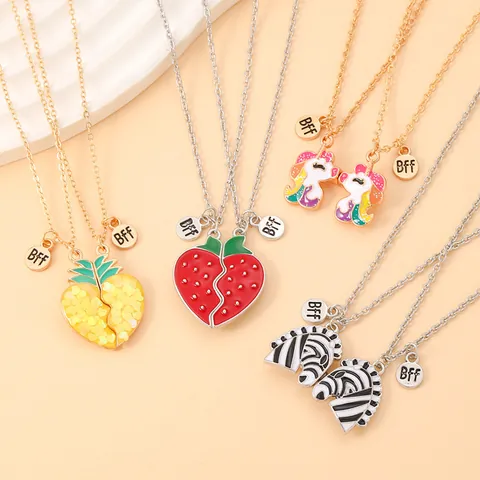 Cartoon BFF Magnetic Stitching Pendant Necklace For Friends Kids Alloy Heart Strawberry Unicorn Zebra Pineapple Jewelry