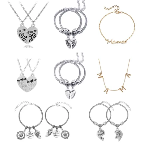 Muttertag Legierung Herz Mutter Tochter Halskette Armband Set Verstellbar Mama Brief Schmuck Geschenk Für Damen Familienschmuck