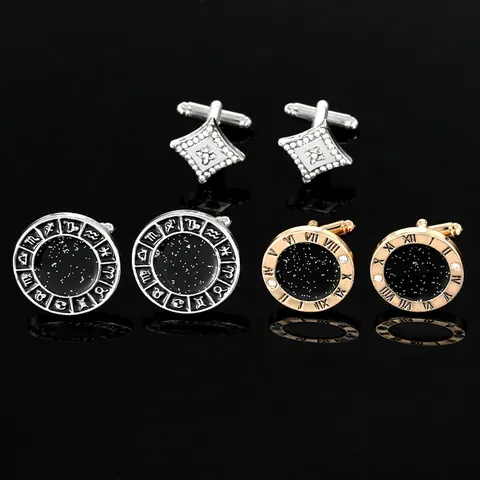 Luxury Men Business Alloy Cufflinks Round Geometric Zodiac Roman Numerals Rhinestone Inlaid Fashion Shirt Cuff Links Accessories
